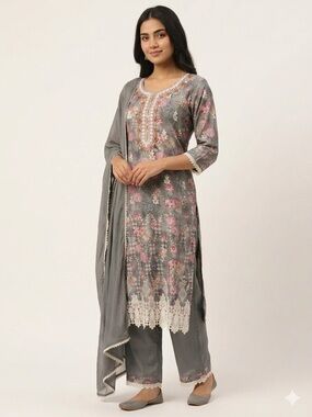 Grey Floral Kurta Set | 3 Pc Embroidered Suit With Lace Dupatta
